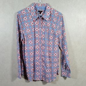 04123 Talbots blue & orange L/S cotton button blouse L NEW